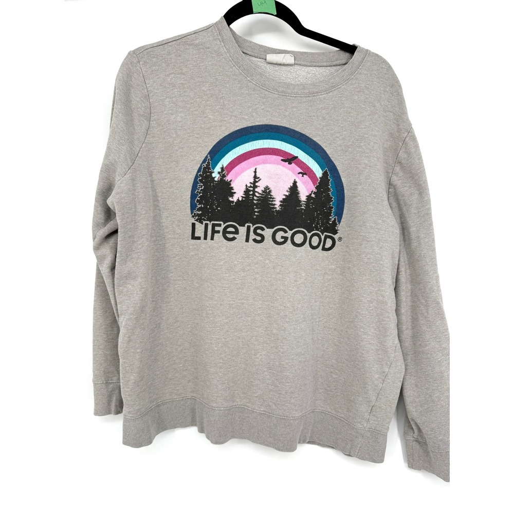 Life is Good Womens XL Gray Long Sleeve Graphic Sweatshirt Tree Rainbow CrewNeck